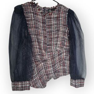 Chic Plaid Blouse with Sheer Sleeves